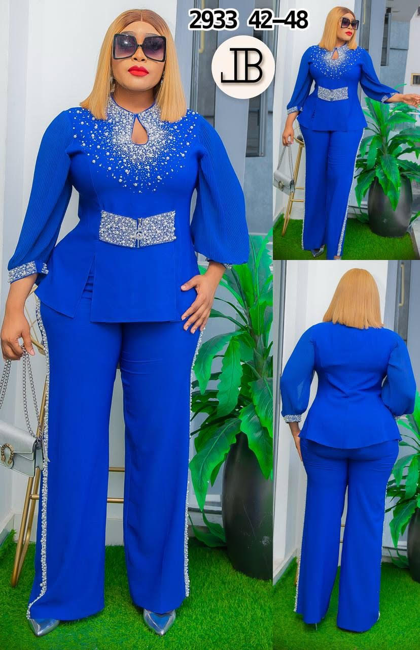 Royal Blue Rhinestone Peplum Two-Piece Pant Set